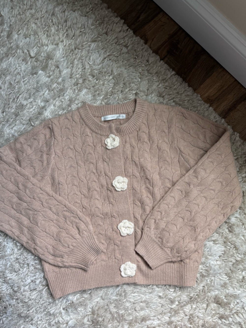 Altar'd State Mauve Cable-Knit Cardigan with Floral Buttons